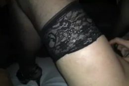 Hubby cumshots on sexy stocking leg of his dildoing slutwife