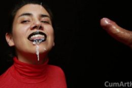 CFNM – Red turtleneck, Black lips – Handjob + Cum mouthful + Cum on clothes